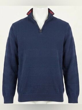 Chaps Men L Sweater Navy Blue 100% Cotton Quarter Zip Horizontal Textured Stripe